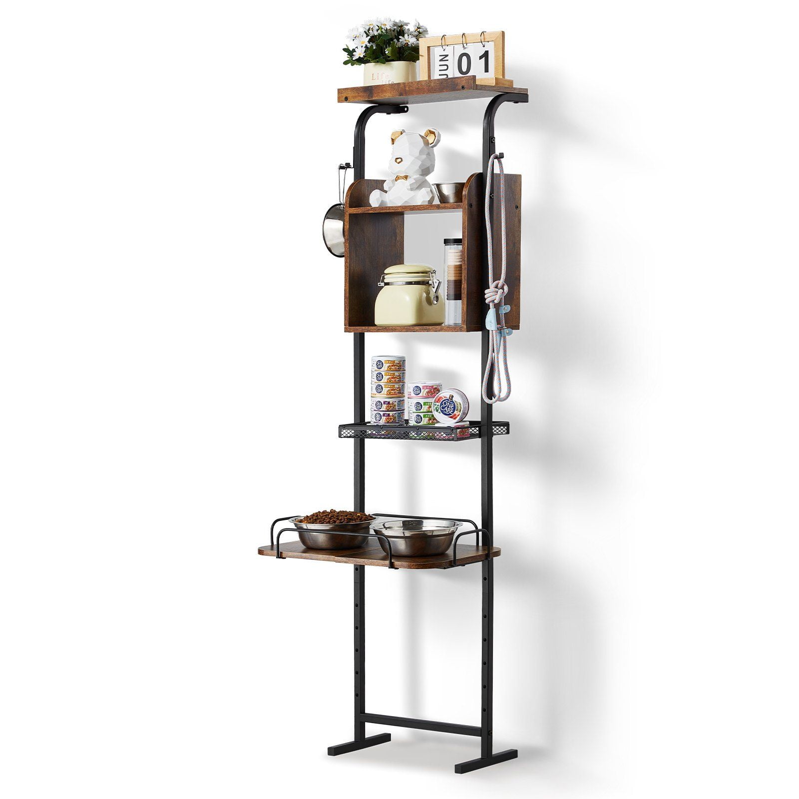 Pet Food Storage & Feeding Station - Raised Dog Bowls with Toy Organizer, Sturdy Elevated Feeder