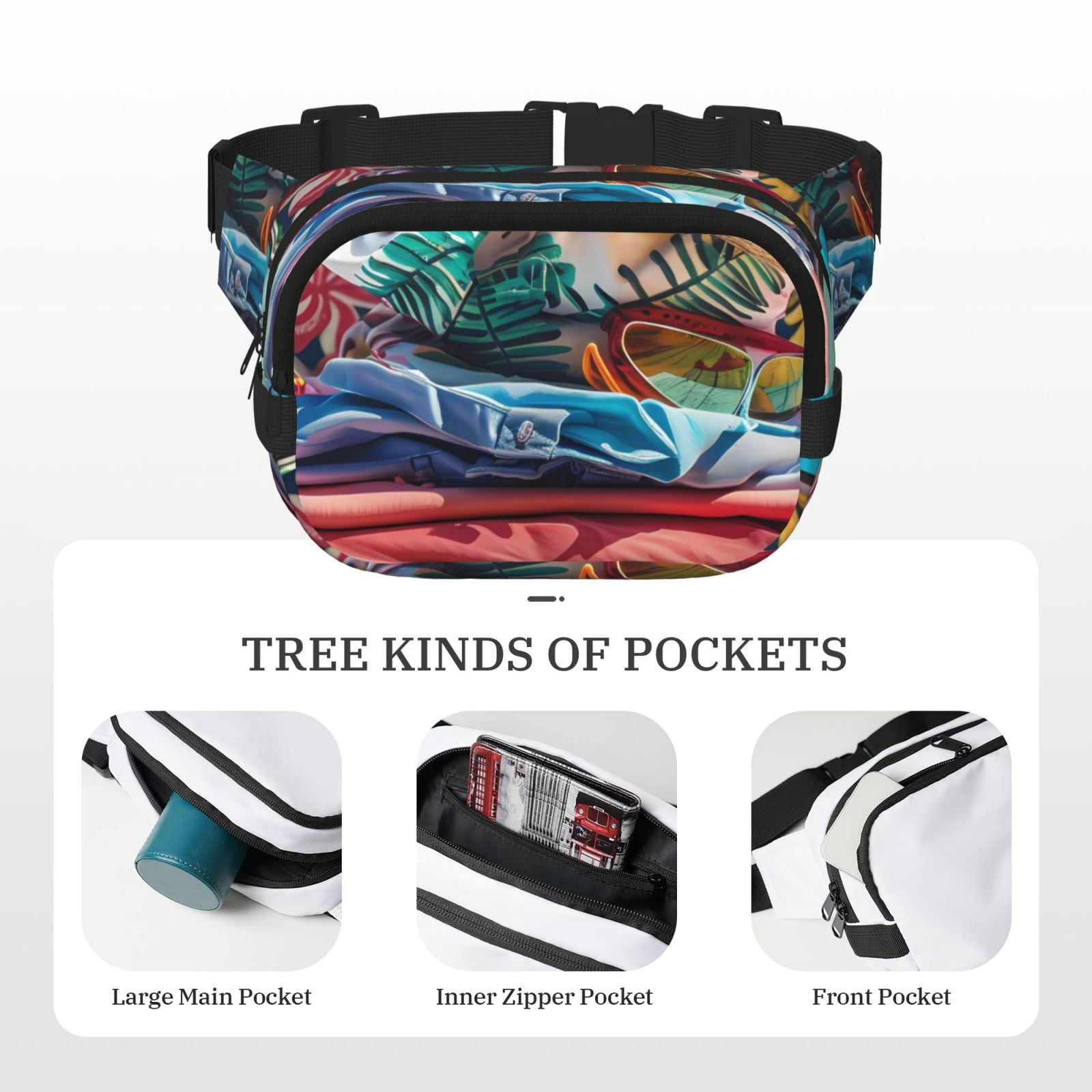 Picia Tropical Vacation Essentials Print Square Double-Layer Waist Bag Mini Adjustable Waist Belt Bag Exercise Running Travel Hiking