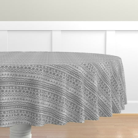 

Cotton Sateen Tablecloth 90 Round - Boho Stripe Gray White Geometric Drawn Mudcloth Africa Inspired Print Custom Table Linens by Spoonflower