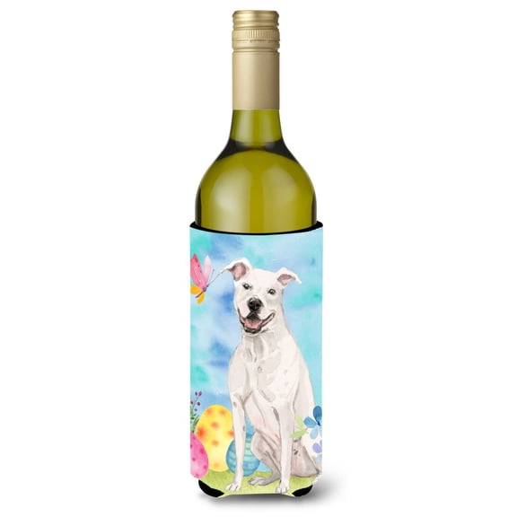 Carolines Treasures BB9606LITERK White Staffie Bull Terrier Easter Wine Bottle Beverge Insulator Hugger  Wine Bottle
