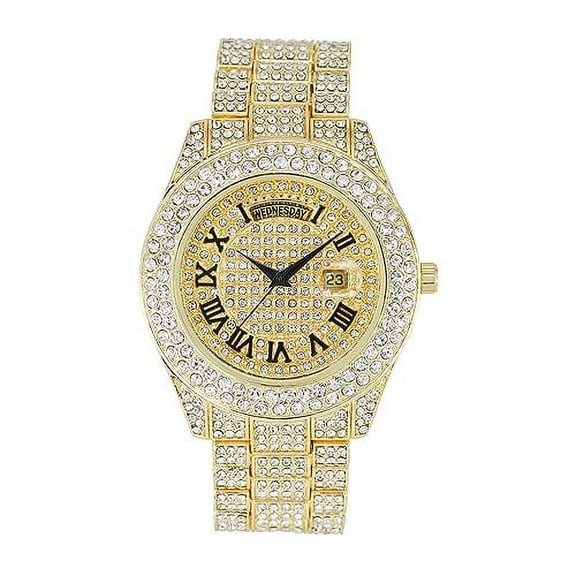 Charles Raymond Big Rocks Fully Iced Out Diamond Mens Watch w/Easy Read Date &Day and Colorful Dials- Designer Hip Hop Blinged Out Timepiece - ST10535 (ST10536-RN Gold)