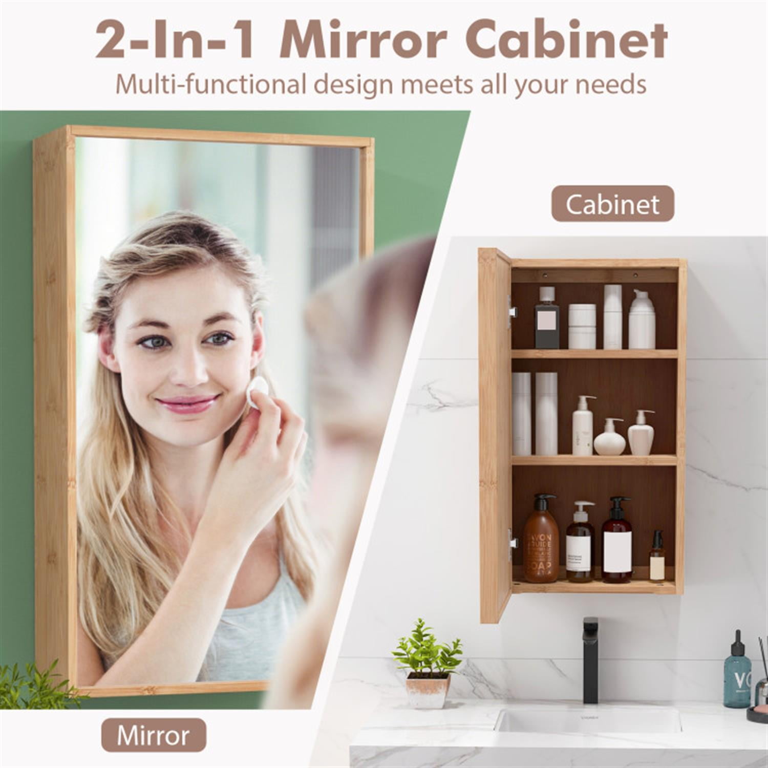 Demi Bonn Bamboo Bathroom Medicine Cabinet with Mirror, Wall Mounted Single Mirror Door Storage Cabinet with 2 Adjustable Shelf for Bathroom Living Room Hallway, Beige