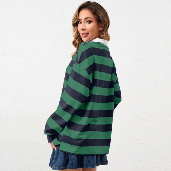 Striped Polo Shirt Women Oversized Long Sleeve Rugby Shirts Loose Drop Shoulder Lapel Pullover Tops