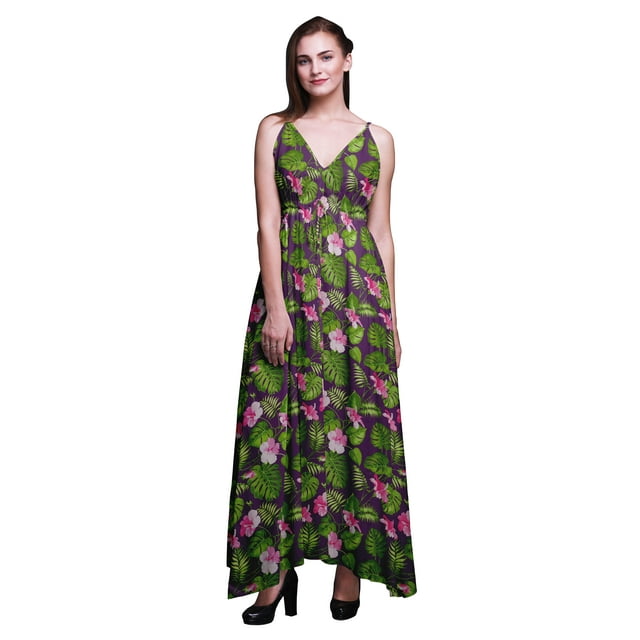 Bimba Robe Longue Maxi à Imprimé Floral pour Femmes, Col en V, Tenue de Villégiature d'Été - Petite Taille