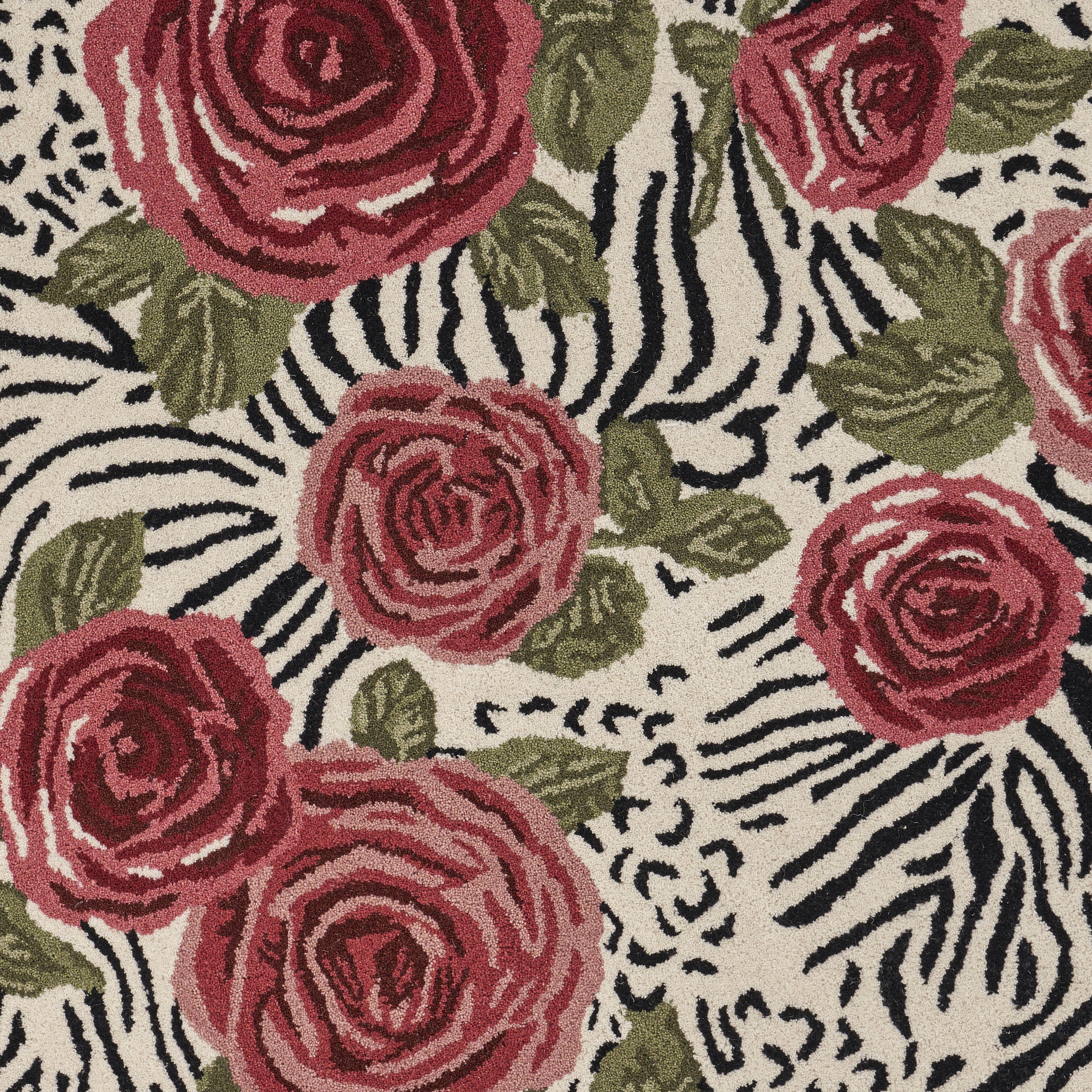 Ox Bay Talia 4' Round Ivory/Black Animal Print with Roses Wool Indoor Area Rug