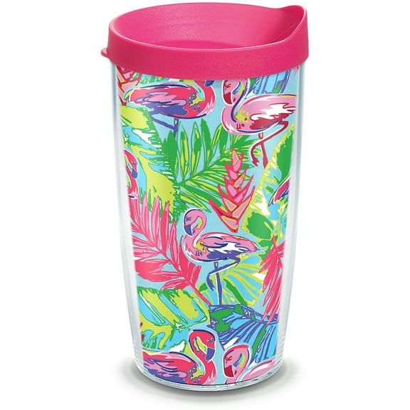 Tervis Bright Flamingo Pattern Made in USA Double Walled Insulated Tumbler Travel Cup Keeps Drinks Cold & Hot, 16oz, Classic