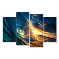 Elephant Stock Ocean Sunset Wave Wall Art - Horizontal Multi Panel Canvas - Living Room Wall Decor - Beach Multi Panel - Teal And Yellow Decor - 43" x 27"