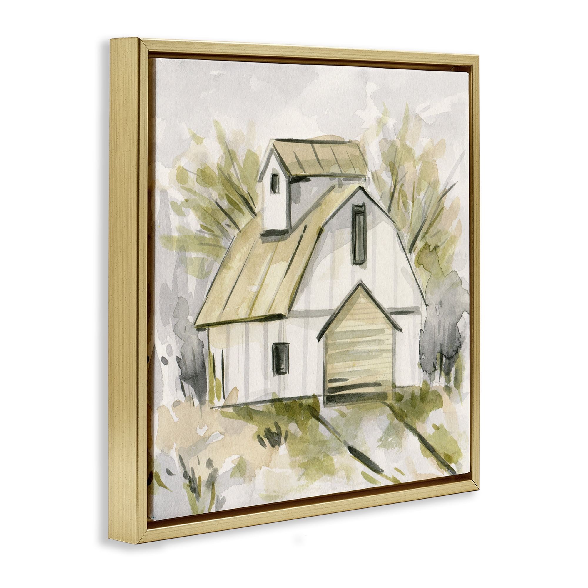 Stupell Industries Soft Neutral Barn Scenery Painting Gold Floater Framed Canvas Art Print Wall Art, 18 x 18