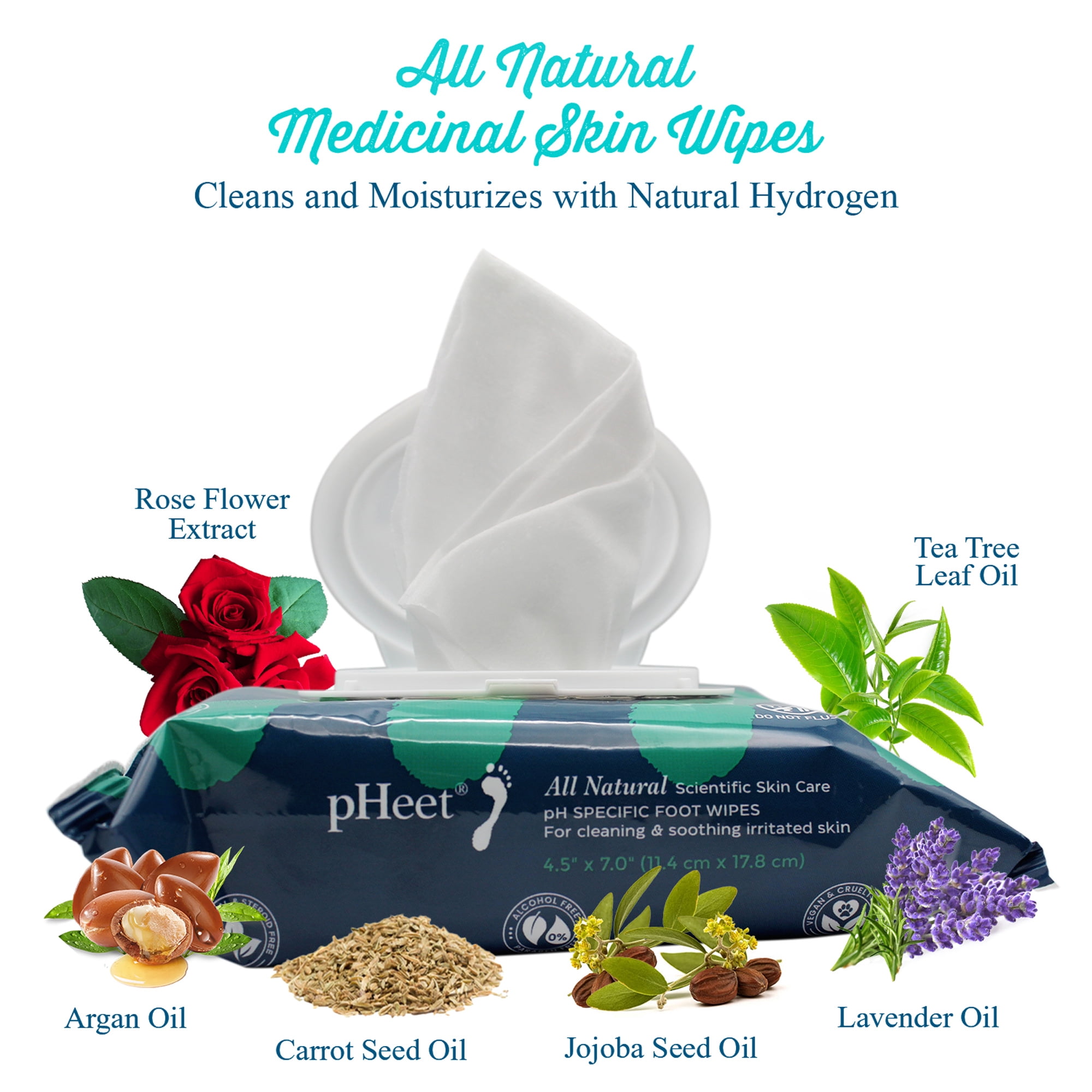 pHeet® Foot Wipes - Stops Burning & Itching, All-Natural, Cleanses, Moisturizes, Improves Dry, Cracked & Flaky Skin 72ct
