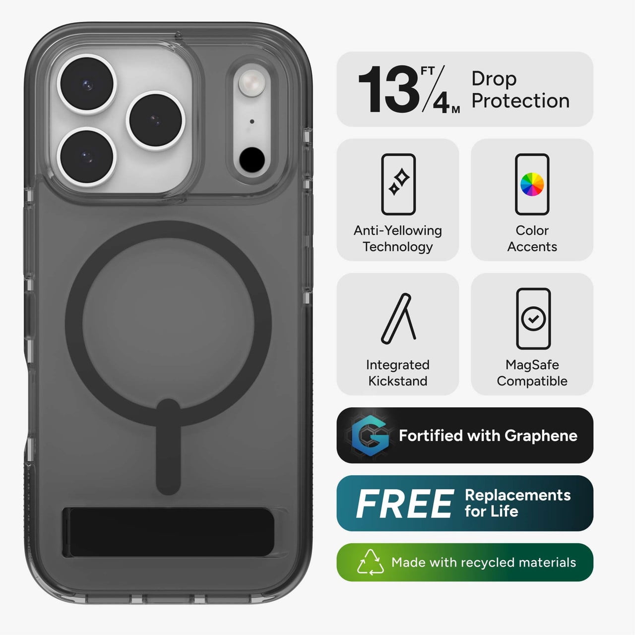 ZAGG Santa Cruz Snap Case with Kickstand for iPhone 17 Pro - Silver Drop Protection (13ft/4m) MagSafe Charging Compatible ClearGuard Anti-Yellowing Technology Scratch Resistant Phone Case