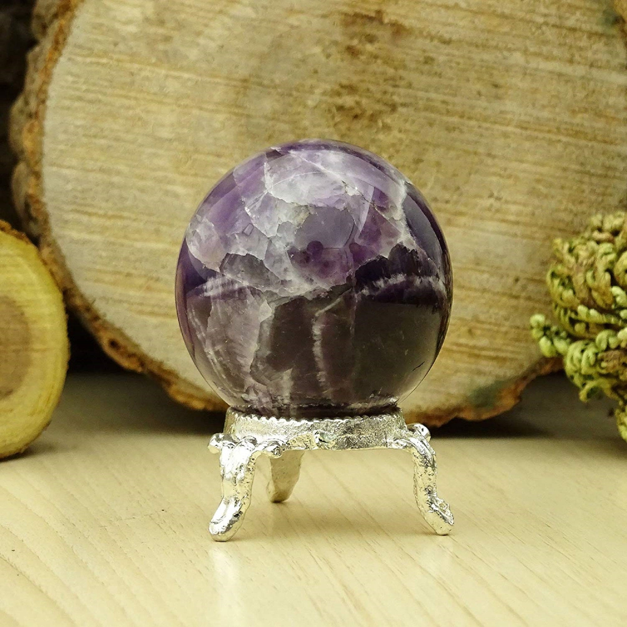 Reikiera Crystal Healing Amethyst Stone Ball Natural Gemstone Sphere with Ring Stand Reiki Table Decor- Choose Size