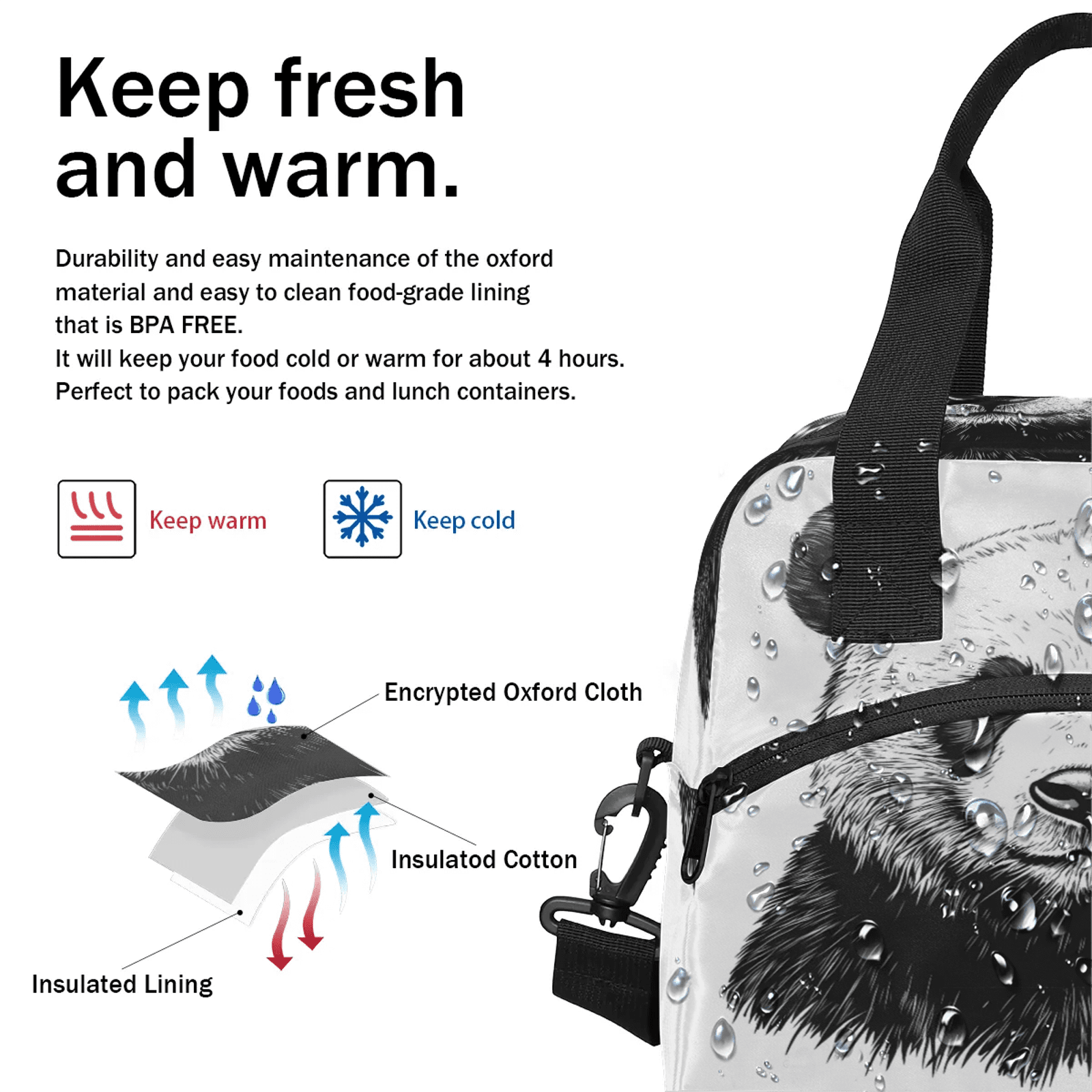 Herdesigns Panda Lunch Bag for Women Men Adult, Animal Theme Large Insulated Reusable Lunch Box Leakproof Portable Cooler Tote Bags for Work Picnic Beach