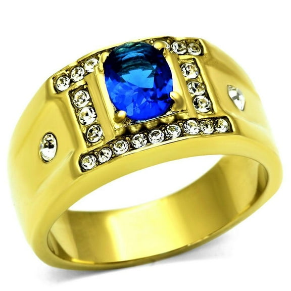 Mens Ring Gold Blue Round Stainless Steel Ring with Synthetic Sapphire in Montana