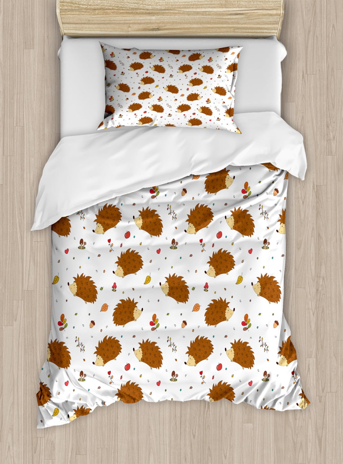 Hedgehog Twin Size Duvet Cover Set, Love of Nature Theme Nuts Leaves