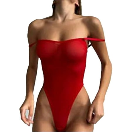 Haitryli Womens High Cut Thong Bikini Bodysuit Nightwear One Piece Adjustable Strap Monokini Swimsuit Red L