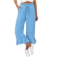 thumbnail image 3 of Hngshg Womens Capri Pants Summer Beach Vacation Ruffle Wide Leg Pants Loose Leisure Solid Color Drawstring Trousers with Pockets, 3 of 7