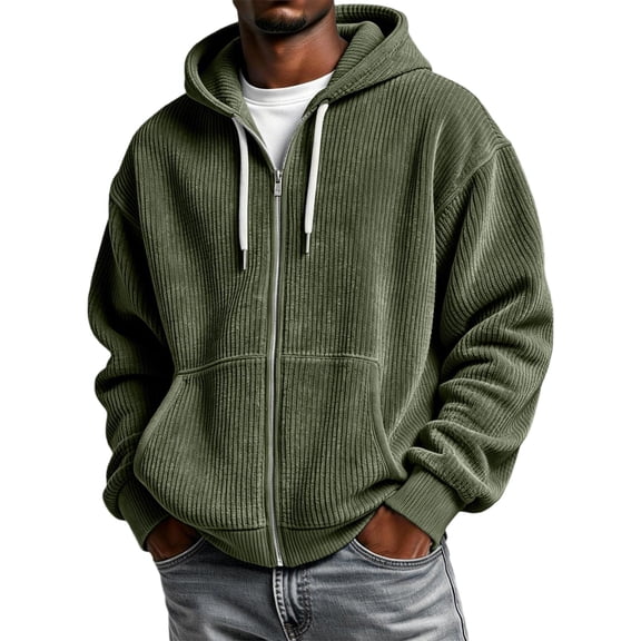 FENGYOU Mens Corduroy Zip Up Hoodie Oversized Drop Shoulder Sweatshirt Ribbed Long Sleeve Hooded Jacket Casual Pullover Army Green L