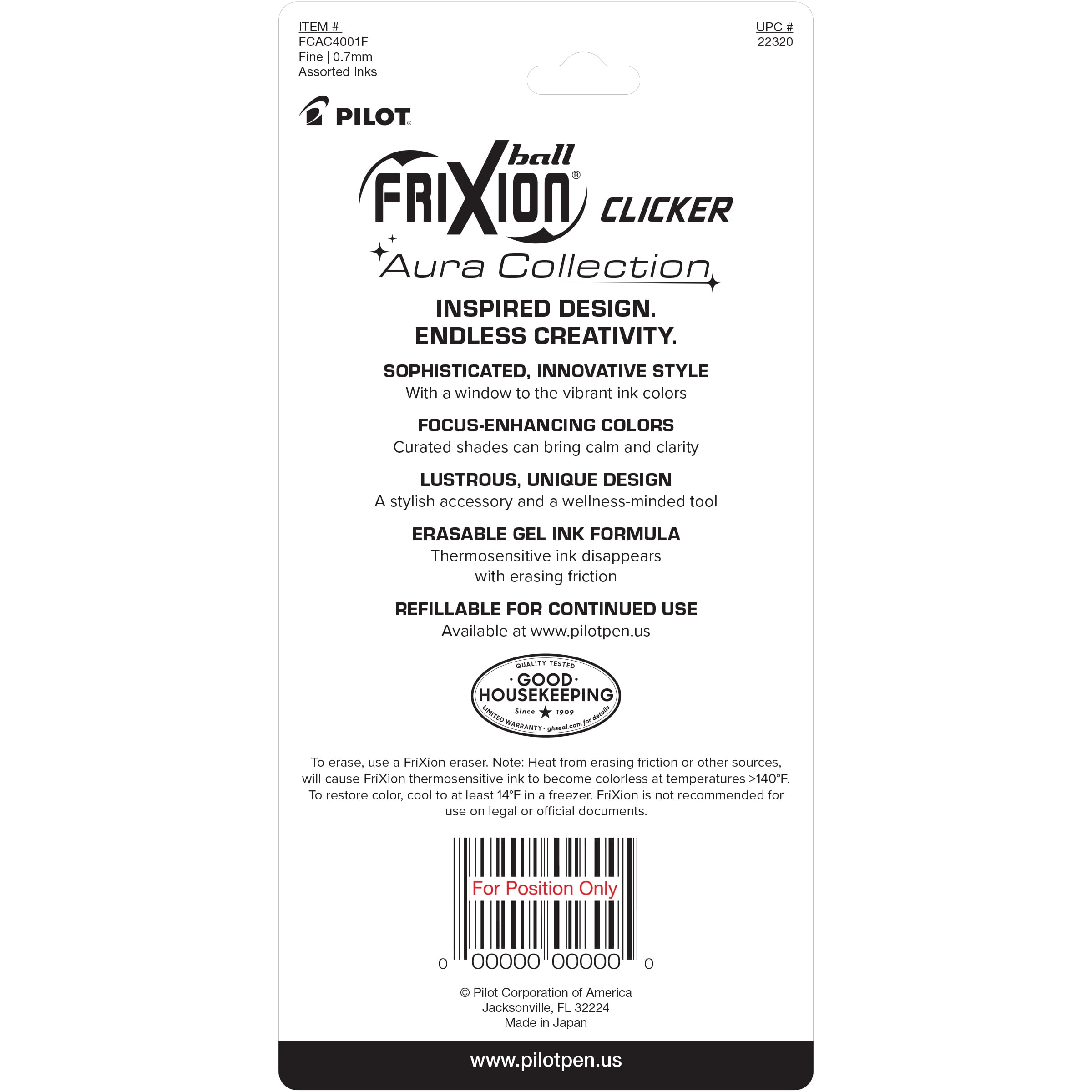 Pilot FriXion Aura Erasable Gel Ink Pens, Fine Point, 0.7mm, Assorted Ink 4 Count
