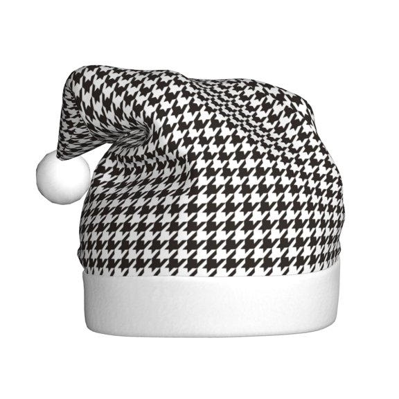 Kowoue Houndstooth Black And White Pattern Santa Hat Christmas Hats for Adults, Holiday Unisex Velvet Comfort Xmas Hat for Women Men