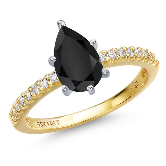 Gem Stone King 14K Two Tone Gold Black Onyx and Lab Grown Diamond Engagement Ring for Women | 1.44 Cttw | Pear Shape 9X6MM | Gemstone December Birthstone | Size 5