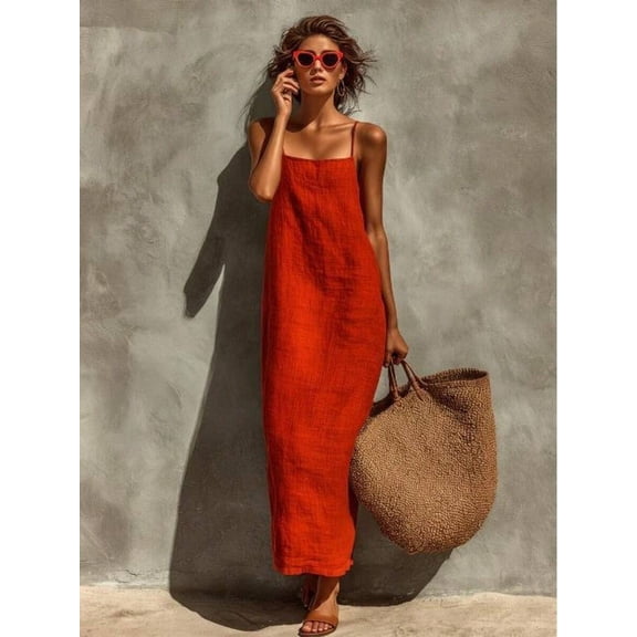 Red Solid Color Loose Sleeveless Backless Maxi Slip Dress For Women