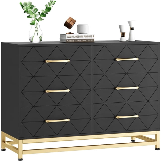 Bingirl Commode de Chambre : Commode Double à 6 Tiroirs, Coffre Moderne en Bois, Table de Chevet pour Garde-Robe, Chambre de Bébé et Salon (Noir)