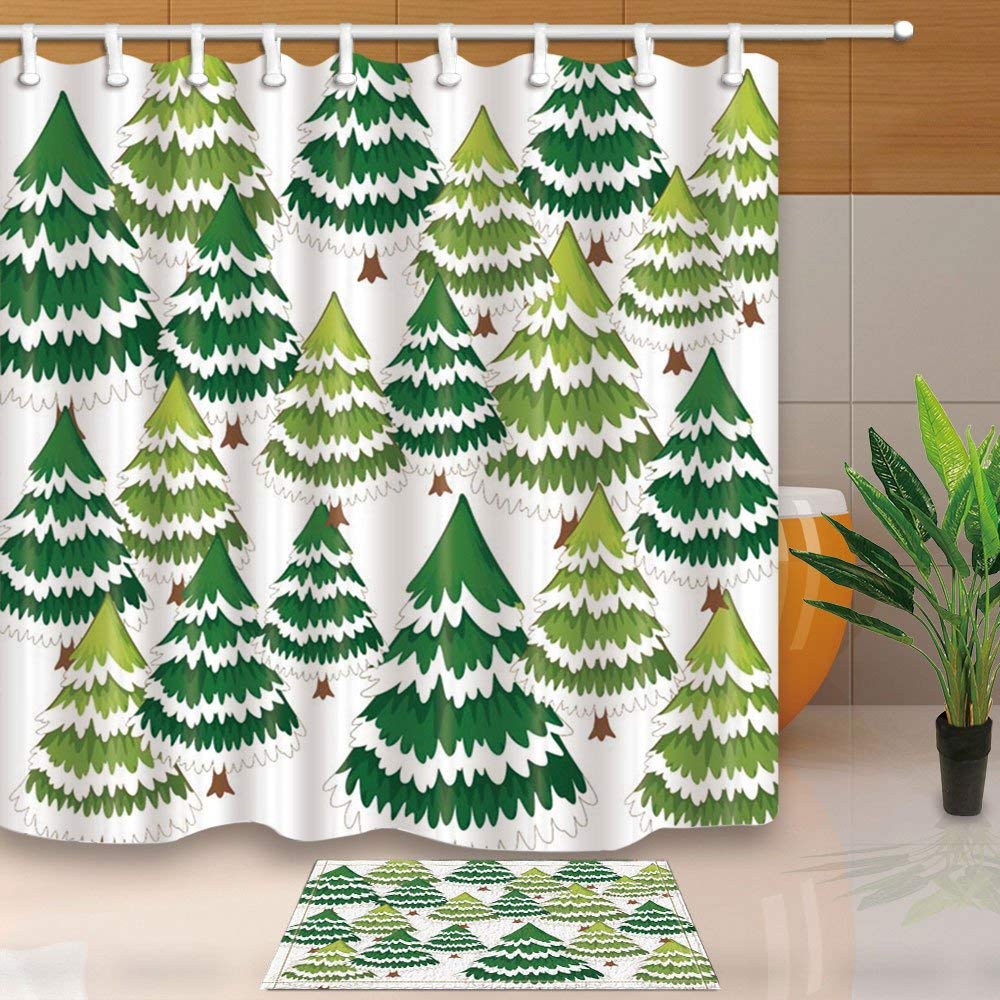 BPBOP Christmas Decor Pine Tree Forest White Background Shower Curtain