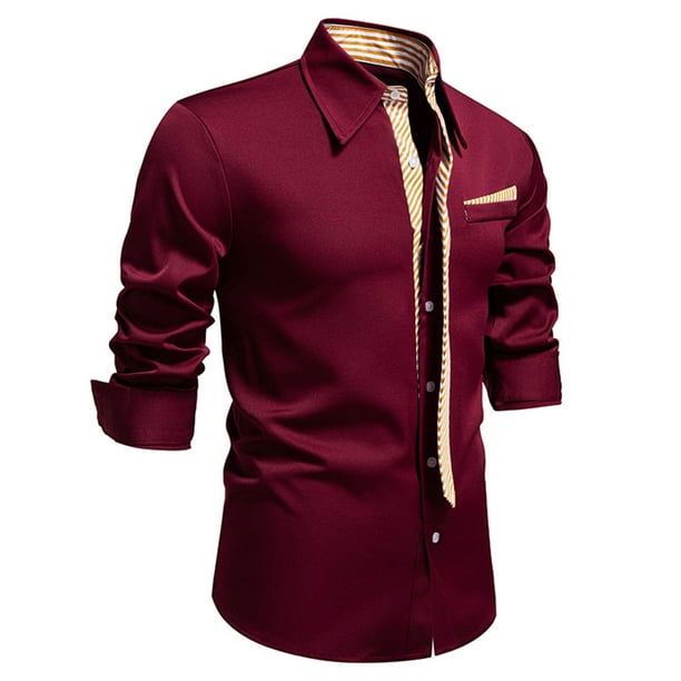 Blusa y camisa de manga larga con cuello vuelto para hombre, informal, a la moda, con botones sólidos, de poliéster, de manga larga y cuello vuelto.