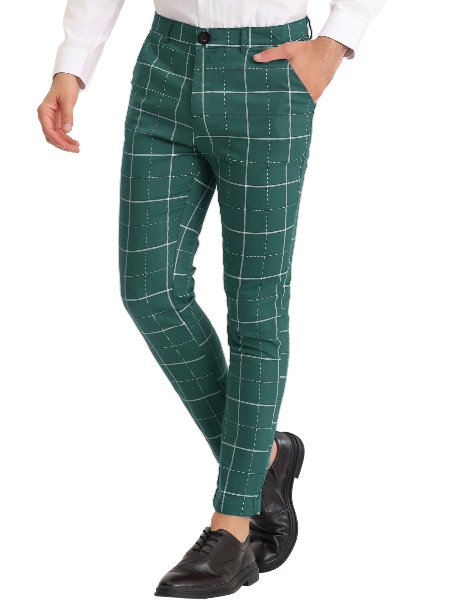 Unique Bargains Men's Plaid Slim Fit Flat Front Business Checked Trousers 38 Green