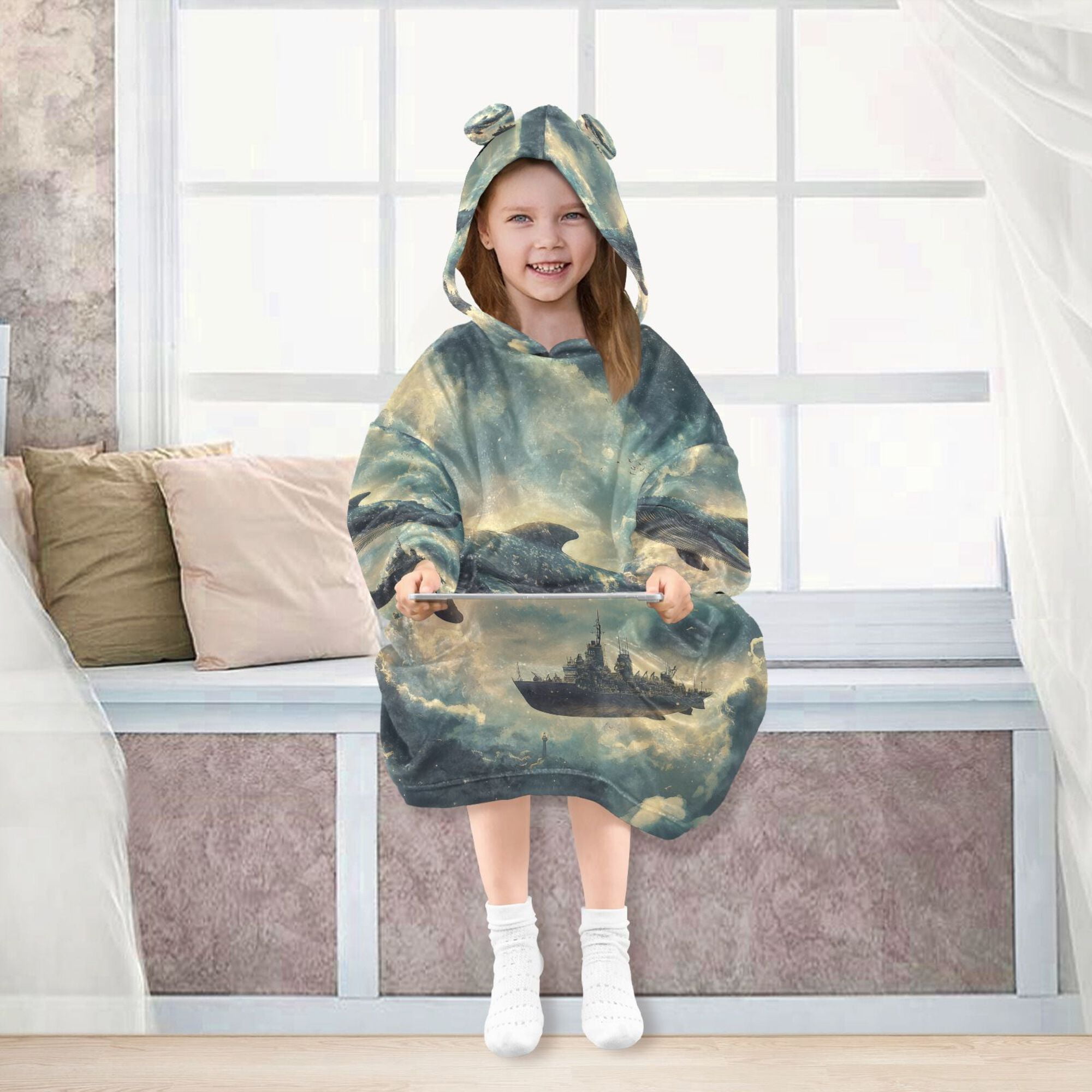 FORMRS Wearable Blanket Hoodie with Sleeves for Kids Cozy Flannel Sweatshirt, Beige Floating Whale