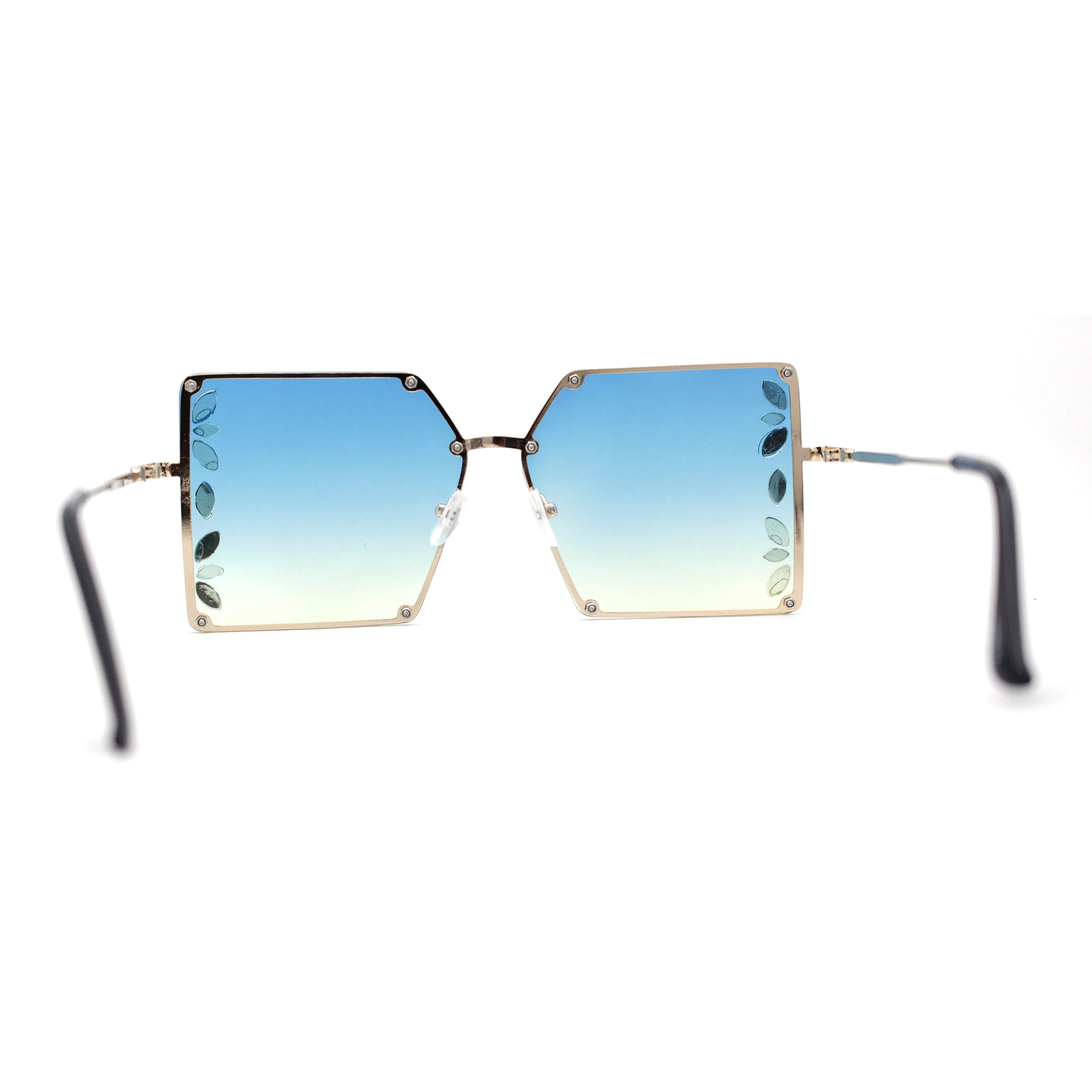 Leaf Rhinestone Rimless Rectangle Square Butterfly Sunglasses Gold Blue Yellow