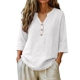 thumbnail image 3 of Womens Casual V Neck Blouse 3/4 Sleeves Summer Tops Loose Fit Linen Shirts Beach Vacation Clothes by Gbobgt White L, 3 of 6