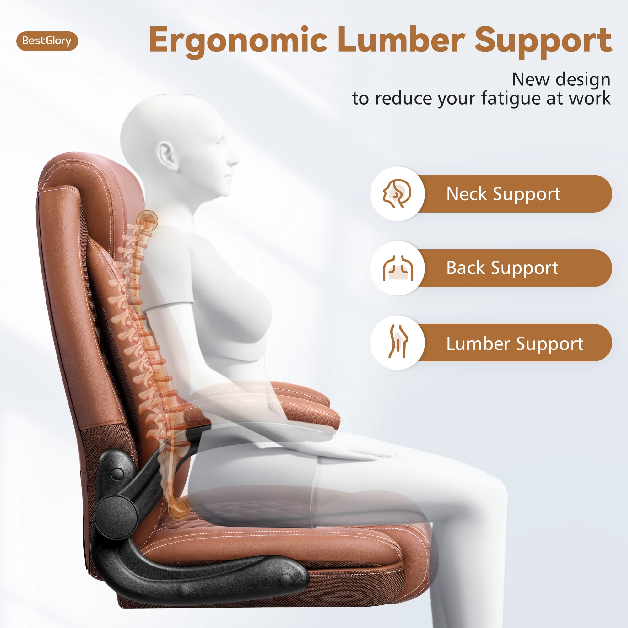 FASTES Ergonomic Office Chair, Desk Chair with High Back Flip-up Armrests Big and Tall Gaming Leather Chair with Rocking Function 2 Reclining Position,Brown
