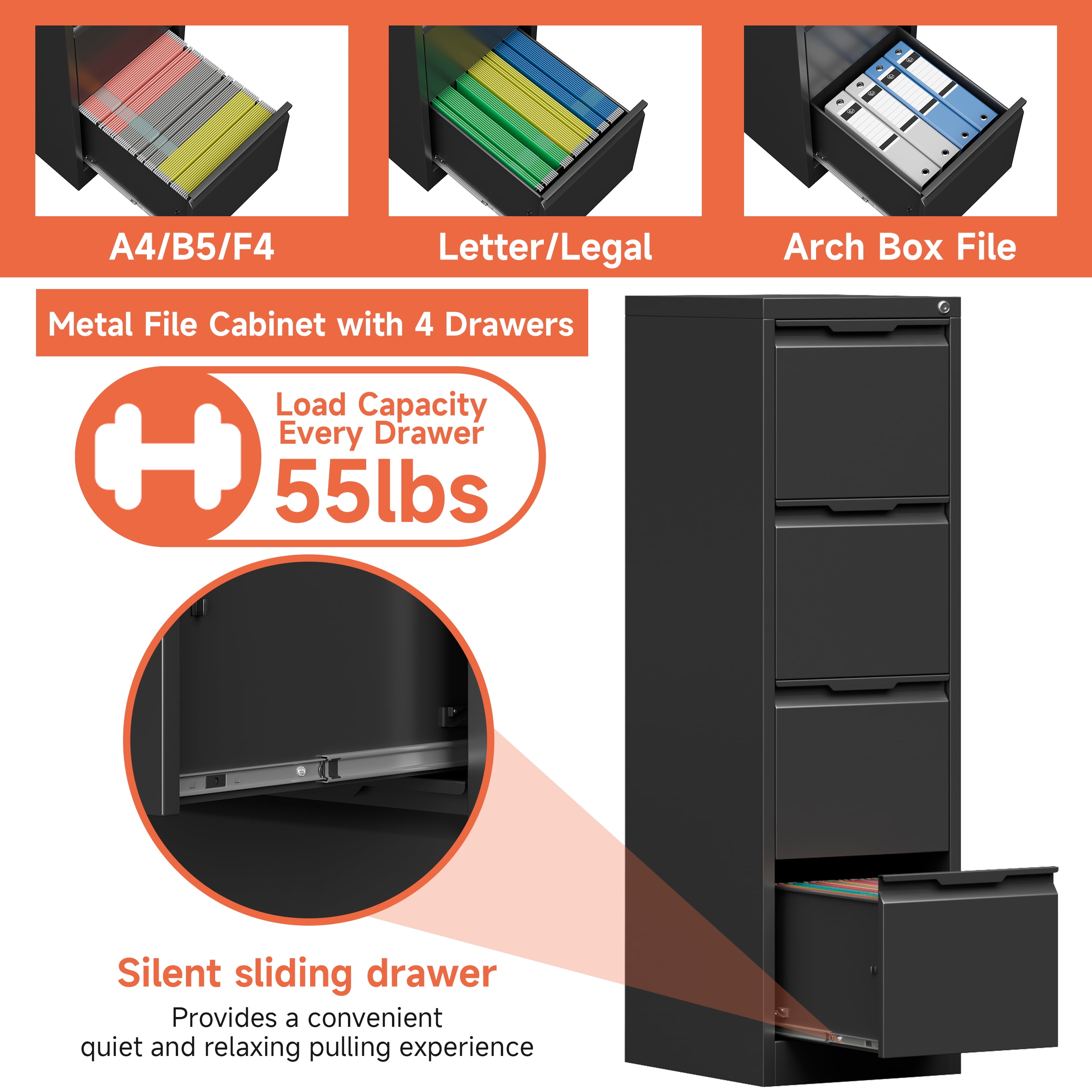 Kooyon 4 Drawer File Cabinet with Lock, 17.8" Deep Metal Filing Cabinet for Home Office, Black, Fits Letter/A4/Legal Folders, Easy Assembly-Black