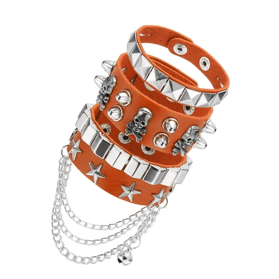 Uxcell 3Pcs Rock Punk Studded Leather Bracelet Set, 8.7"/22cm Goth Spiked Cuff Wristband Adjustable Bracelets for Halloween Party Favors Emo Grunge Accessories, Orange