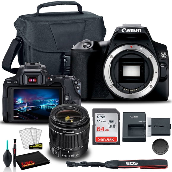 Canon EOS 250D/ Rebel SL3 DSLR Camera with 18-55mm Lens (Black) (3453C002) +  EOS Bag +  Sandisk Ultra 64GB Card + Cleaning Set and More(International Model)