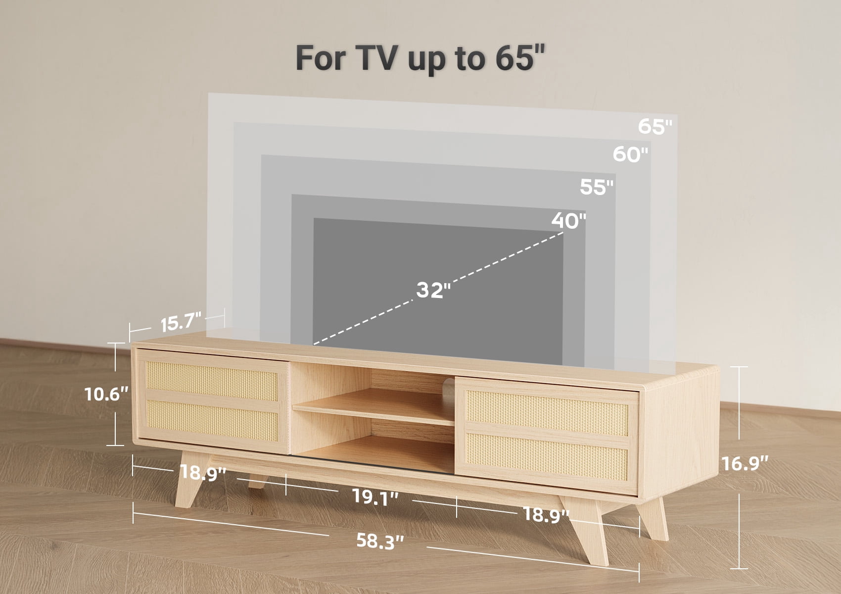 Home Modern Style 65 inch TV Stand for Living Room - TV Stand for TVs up to 65 inches Entertainment Center with Storage - Media TV Cabinet with Doors & Adjustable Shelves,Oak