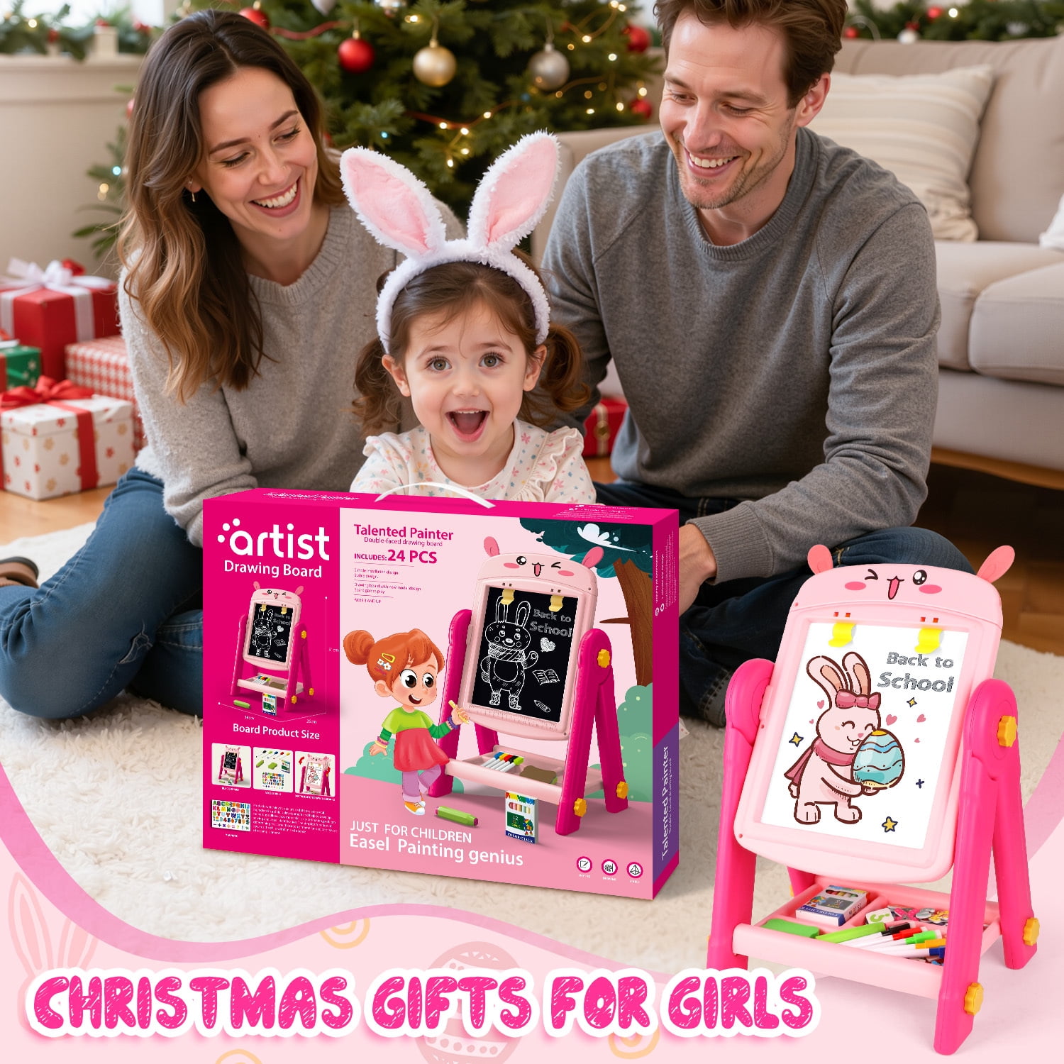 HopeRock Easel for Kids, Pink Rabbit Toddler Easel, Double-Sided Magnetic Whiteboard & Chalkboard, Toddler Art Set Educational Drawing Easel Gift for 2-6 Year Old Girls.