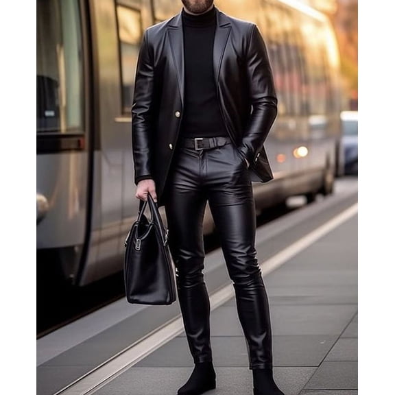 Men's Black PU Leather Two-Piece Street Suit Notch Lapel Two-Button Blazer & High Waist Slim Fit Trousers