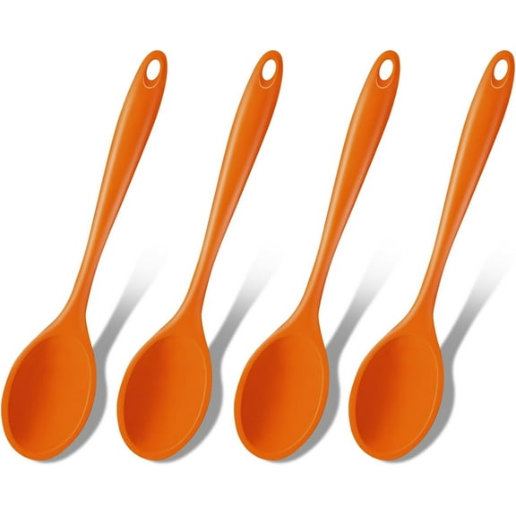 Silicone Cooking Spoons, 4 Pieces 8" Heat Resistant Silicone Kitchen Utensils Set Serving Stirring Spoons for Non Stick Cooking, Mixing, Basting, Baking, Orange