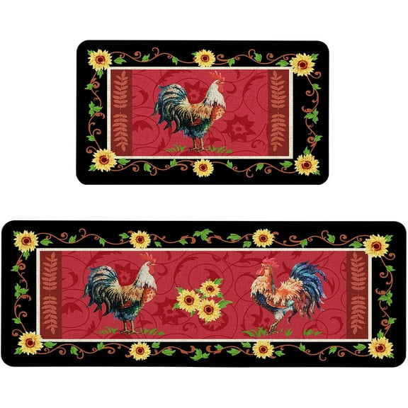 Farmhouse Kitchen Rugs and Mats Set of 2, Farm Sunflower Rooster Kitchen Rug, Washable Non Skid Floor Mat for Home Kitchen Decor - 17x29 and 17x47 Inch