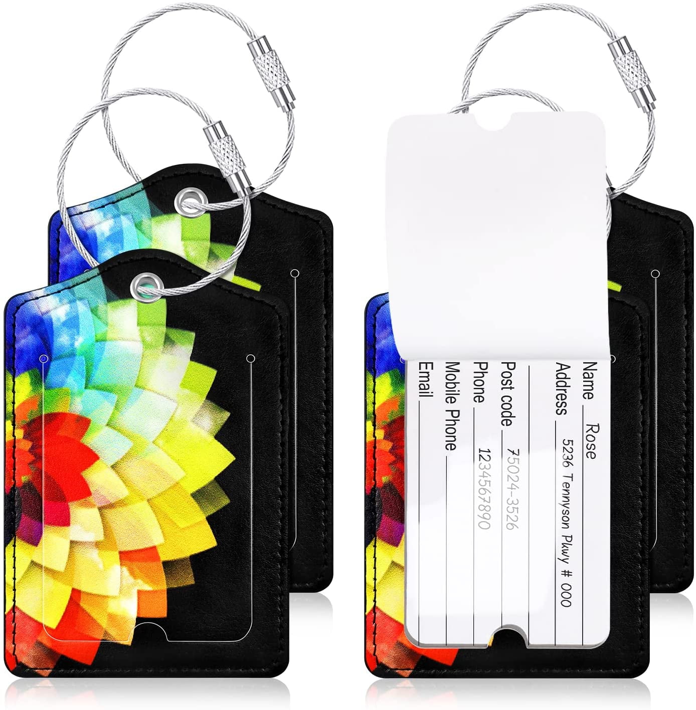 Colorful Flower Luggage Tags Set of 2 Leather Stainless Steel Loop Label Tag for Travel Bag Suitcase 
