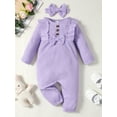 thumbnail image 2 of Toddler Baby Girls Clothes Baby Girls One-piece Romper Bodysuit 12-18 Months Baby Girls Long Sleeve Round Neckline Cute Bowknot Romper Jumpsuit Headband Set Purple, 2 of 9