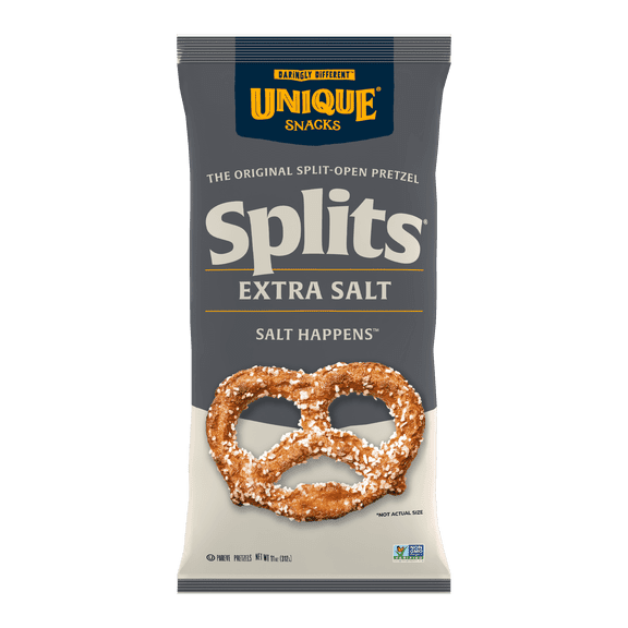 Unique Snacks - Unique Pretzels Extra Salt Pretzel Splits, Delicious Homestyle Baked, Certified OU Kosher and Non-GMO, No Artificial Flavors, 11 Ounce Bags, 66 Ounces Total (6 Count)