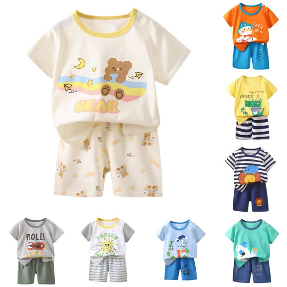 Toddler Boy Clothes Summer Outfits Cartoon Printed Short Sleeved Tops and Shorts 2Pc Outfits Set Size 18-24 Months ,Beige