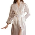 thumbnail image 5 of Women's Nightgown - Faux Fur Trim, Adjustable Waist Tie, Satin V Neck, Imitation Silk Sleepwear, 5 of 8