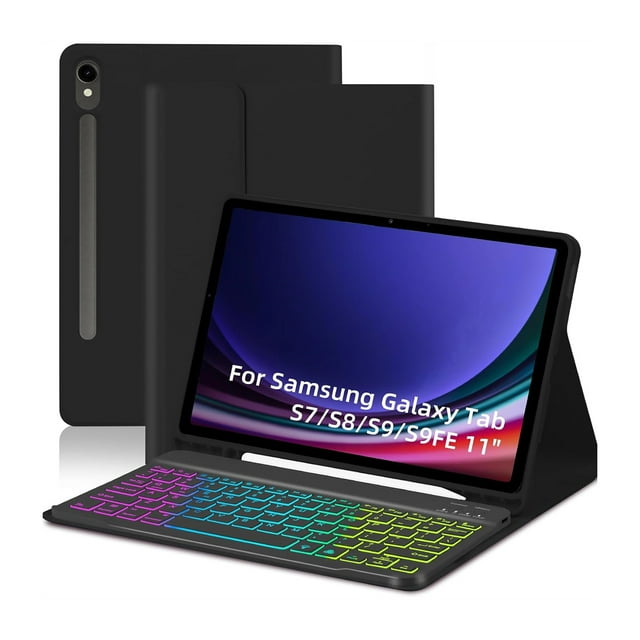 Étui Clavier Bluetooth avec Rétroéclairage 7 Couleurs, Détachable et Rechargeable, Support Multi-Angle, Fente pour Stylet, Conception à Refroidissement en Nid d'Abeille pour Samsung Galaxy Tab S7/S8/S9 11 Pouces & S9 FE 10.9 Pouces (2023), Noir - PU