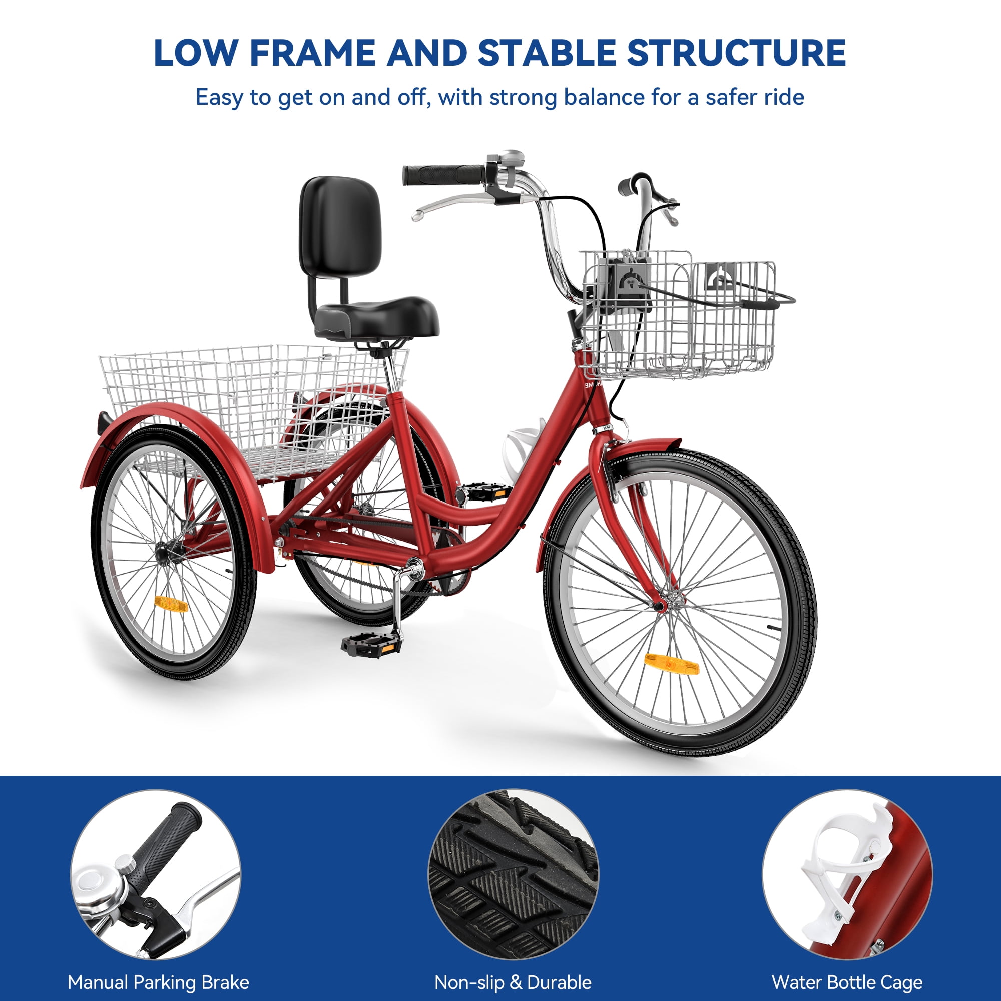Uforic 26 Inch 1 Speed 3 Wheel Adult Bikes with Removable Baskets for Shopping Picnic, Red