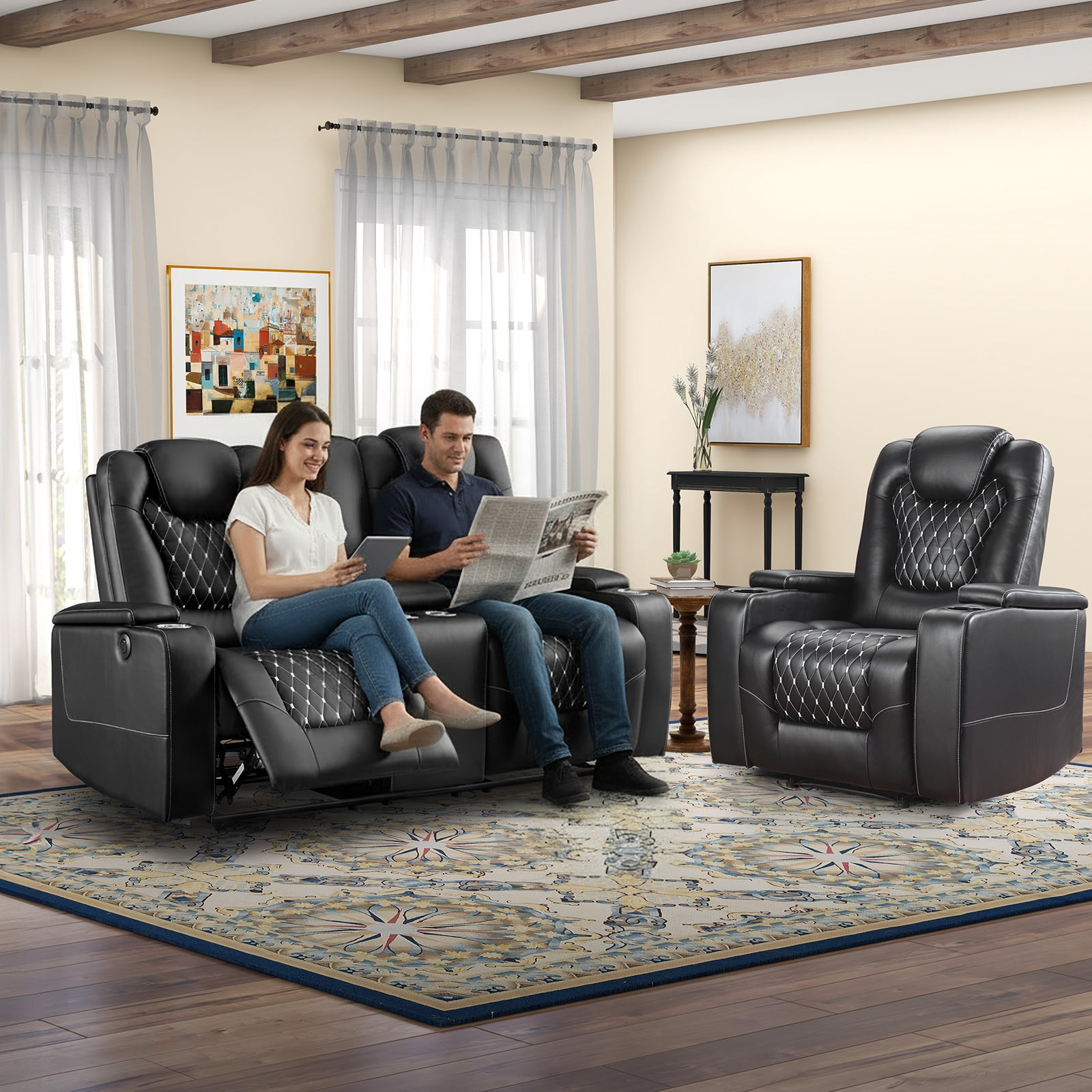 Bonzy Home Electric Power Recliner Sofa Set Theater Seating with Console Living Room Furniture Set, Cup Holders, Hidden Arm Storage, USB Ports, Black