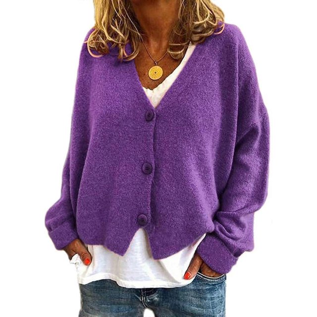 Womens Sweater Knitted Casual V-neck Solid Color Cardigan Sweater